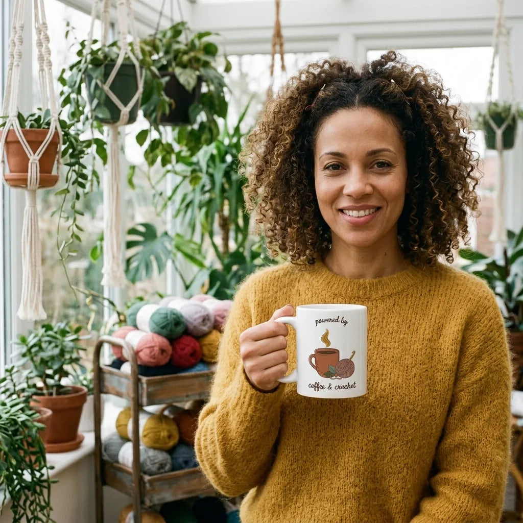 Powered by Coffee & Crochet print — lifestyle