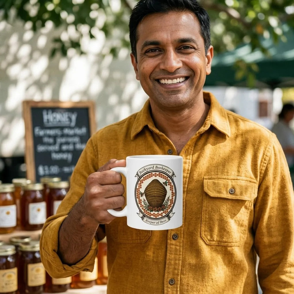 Backyard Beekeeper Keeper of Bees vintage apiary crest ceramic mug — lifestyle
