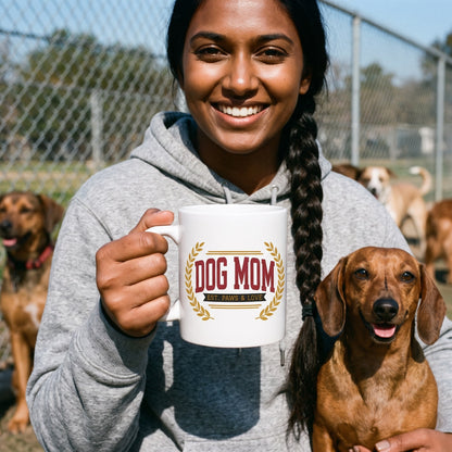 Dog Mom Est. Varsity Wordmark print — lifestyle