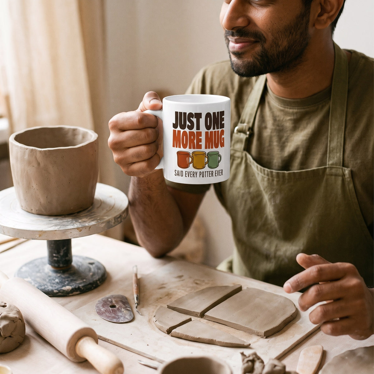 Just One More Mug funny pottery mug — lifestyle