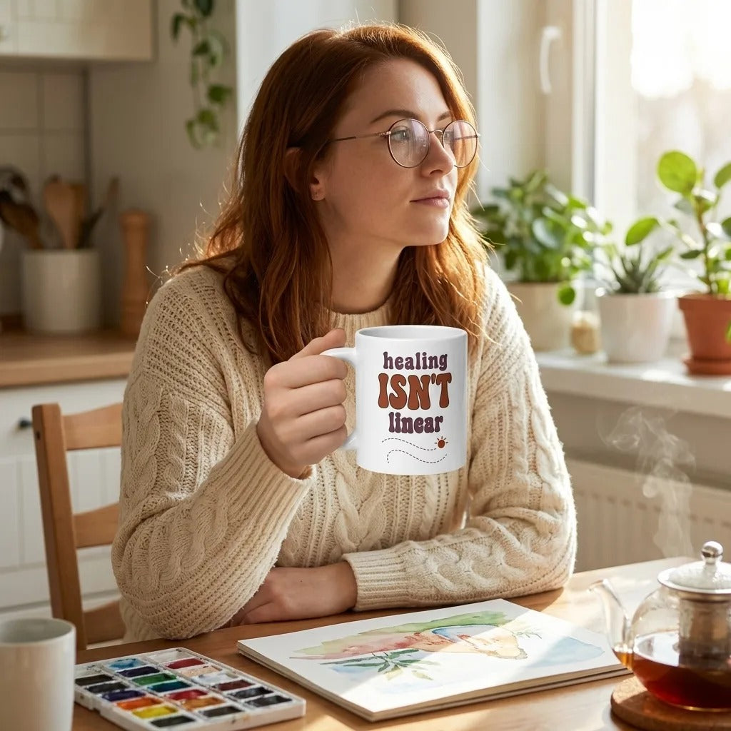 Healing Isn't Linear soft retro mental health mug — lifestyle
