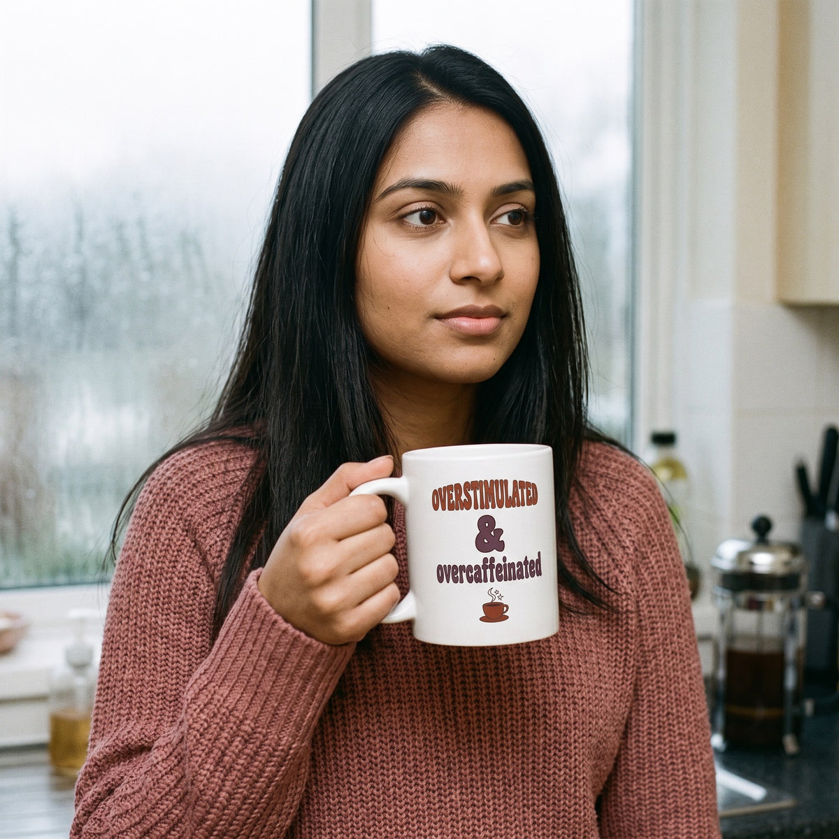 Overstimulated & Overcaffeinated funny mental health mug — lifestyle