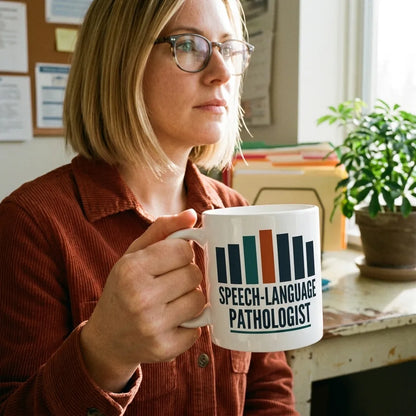 Mid-Century Clinic speech therapy mug — lifestyle
