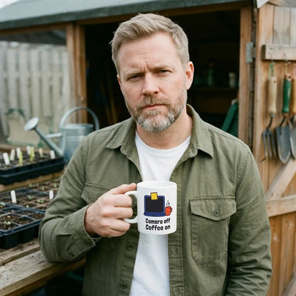 Camera Off Coffee On funny office coffee mug — lifestyle
