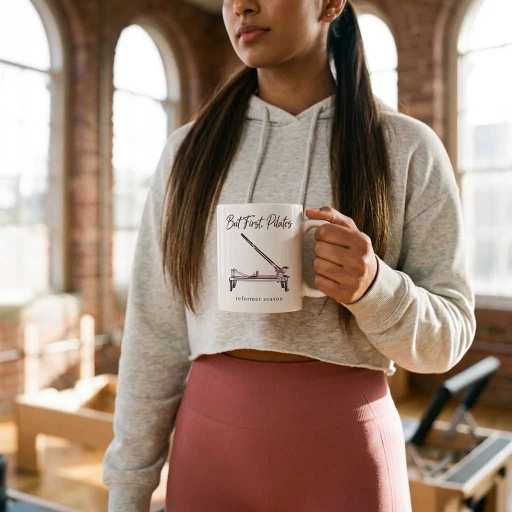 But First Pilates reformer line-art mug — lifestyle