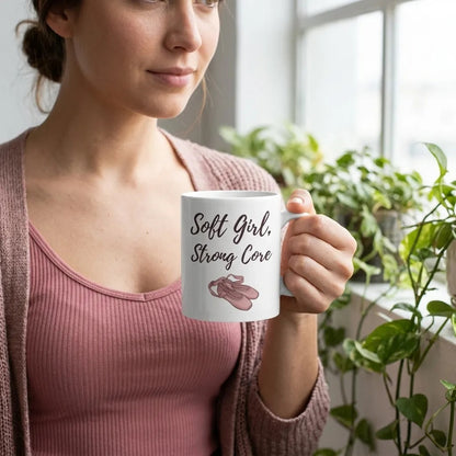 Soft Girl, Strong Core ballet-slipper pilates mug — lifestyle