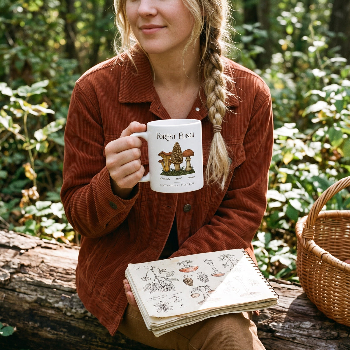 Forest Fungi vintage mushroom field guide mug — lifestyle