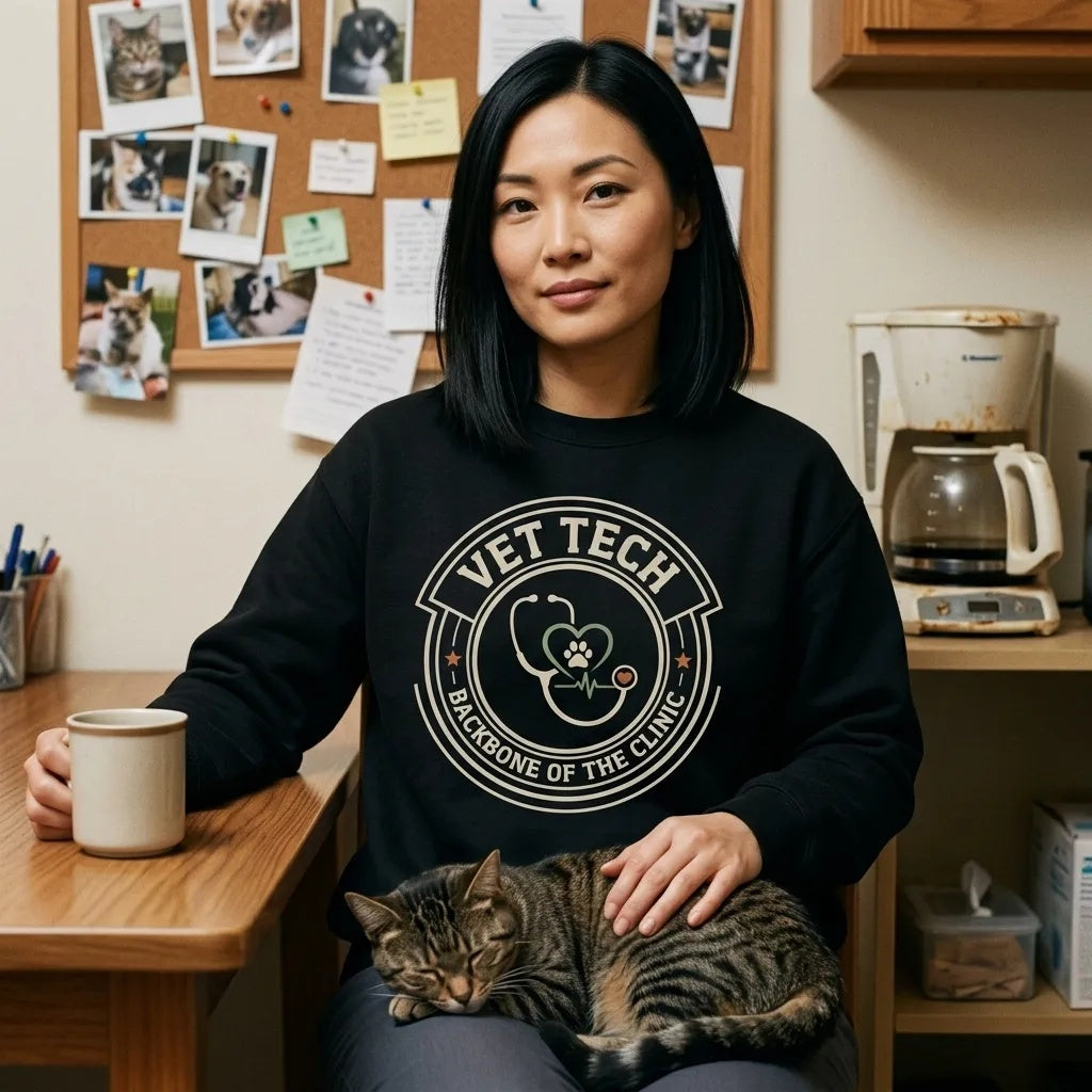 Vet Tech Crest retro veterinary technician crewneck sweatshirt — lifestyle