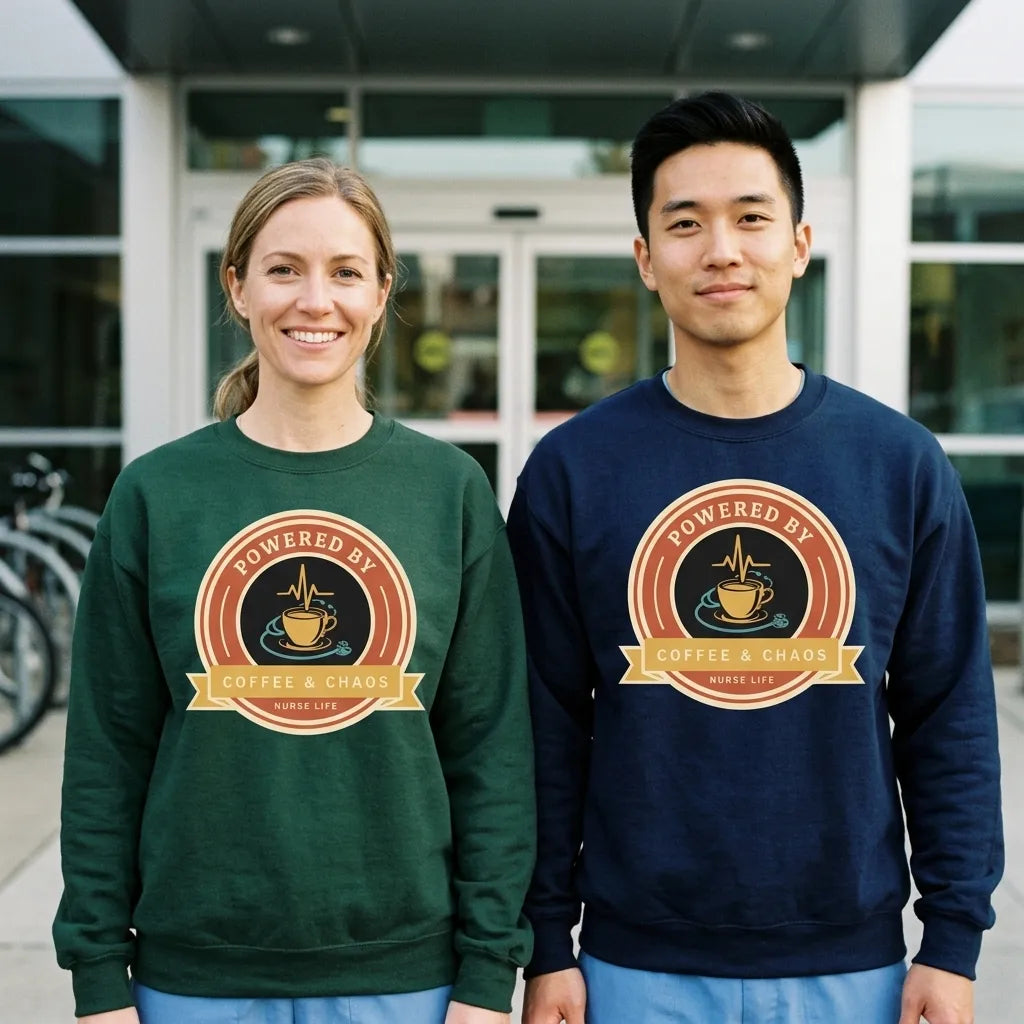 Powered by Coffee & Chaos retro nurse badge crewneck sweatshirt — lifestyle