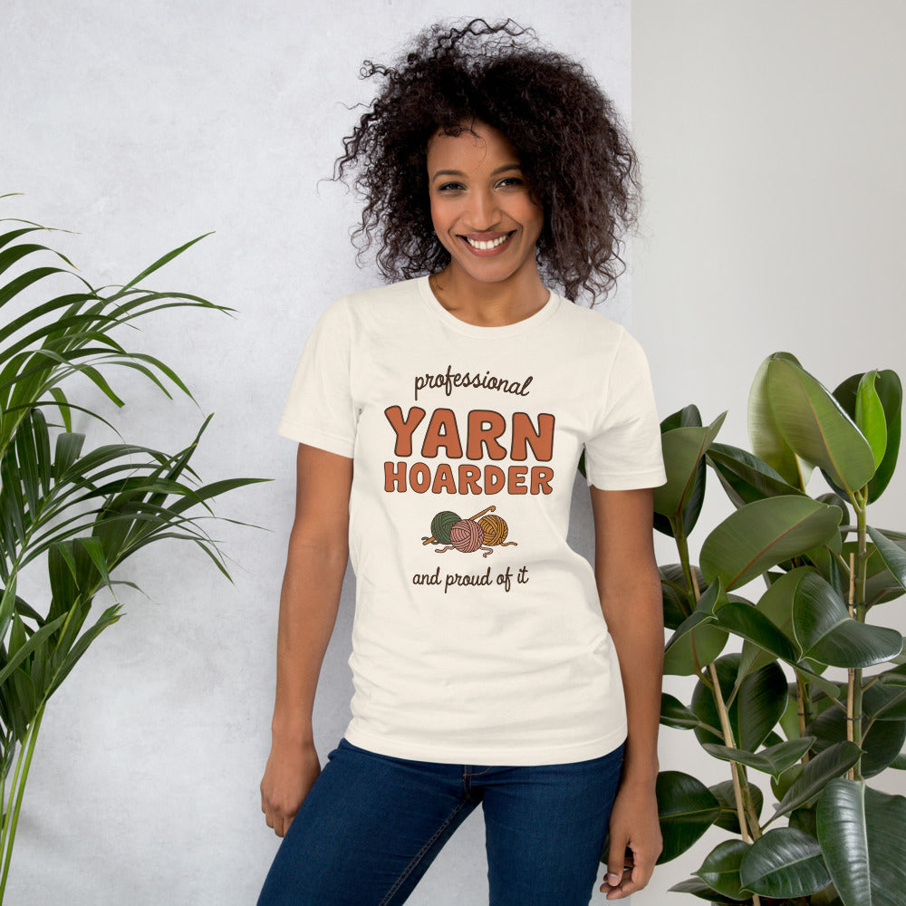 Model wearing the Professional Yarn Hoarder crochet tee — Vintage White