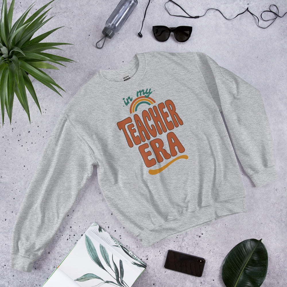 In My Teacher Era retro groovy teacher crewneck sweatshirt — Sport Grey, front flat lay