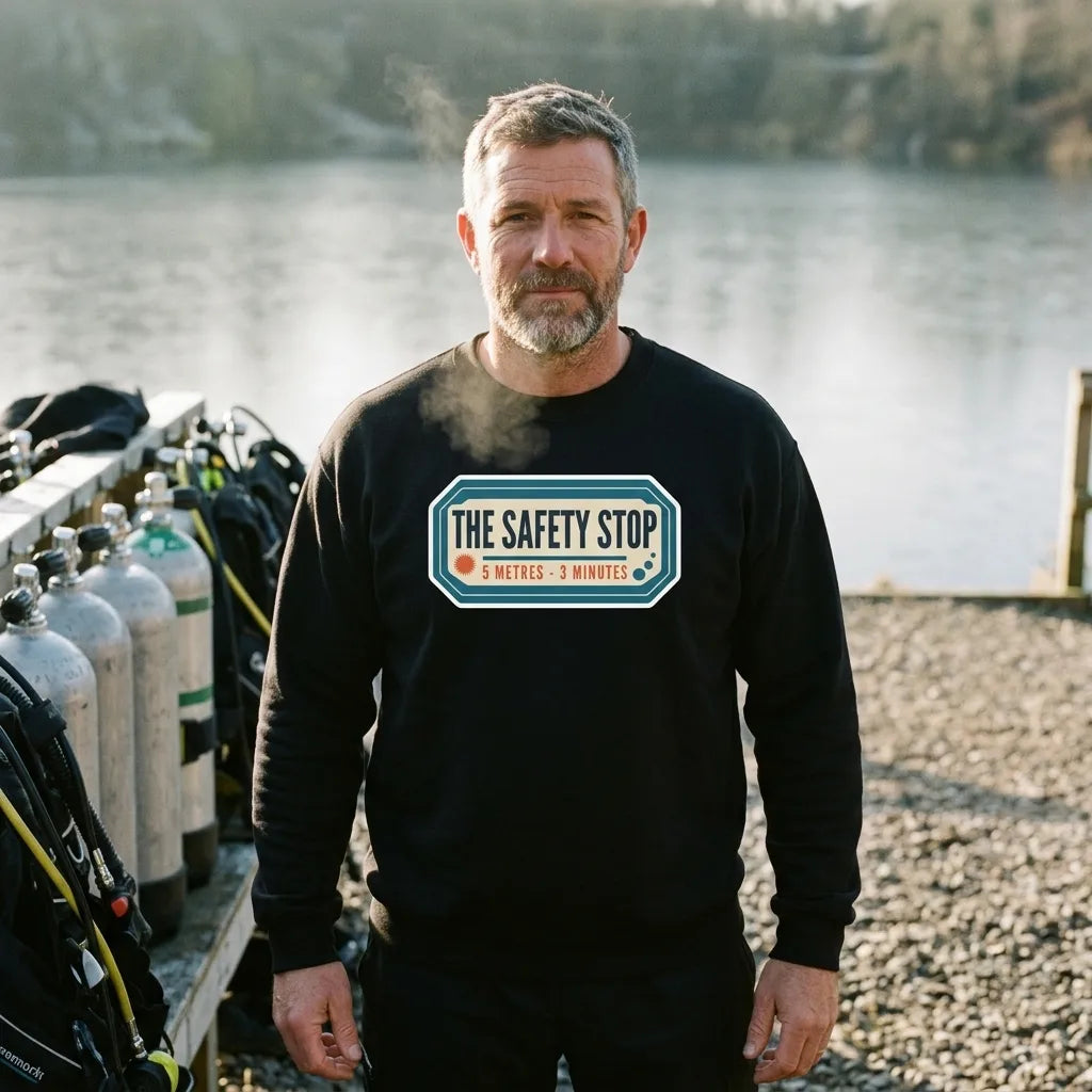 The Safety Stop vintage scuba diving travel decal sweatshirt — lifestyle