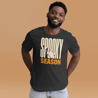 Spooky Season retro Halloween ghost typography tee — Dark Grey Heather, on model