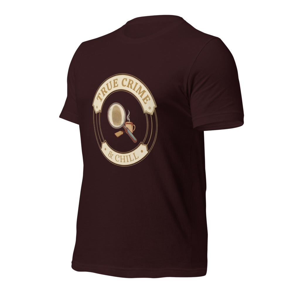 True Crime and Chill vintage case-file badge tee — Oxblood Black, front-right