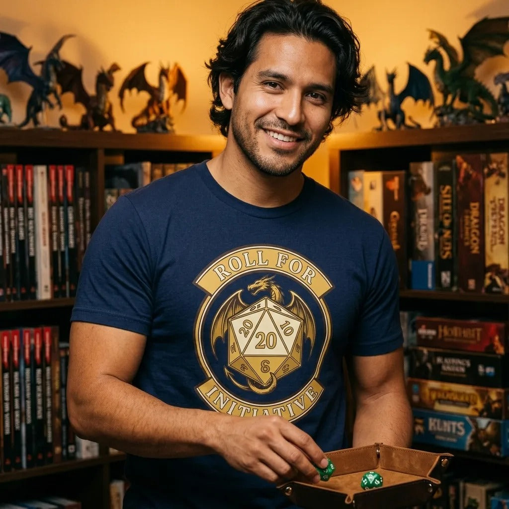 Roll For Initiative d20 dragon tabletop RPG tee — lifestyle