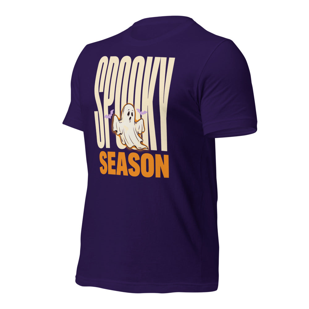 Spooky Season retro Halloween ghost typography tee — Team Purple, front-right