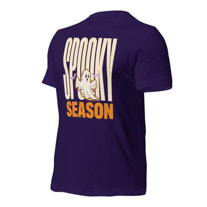 Spooky Season retro Halloween ghost typography tee — Team Purple, front-right