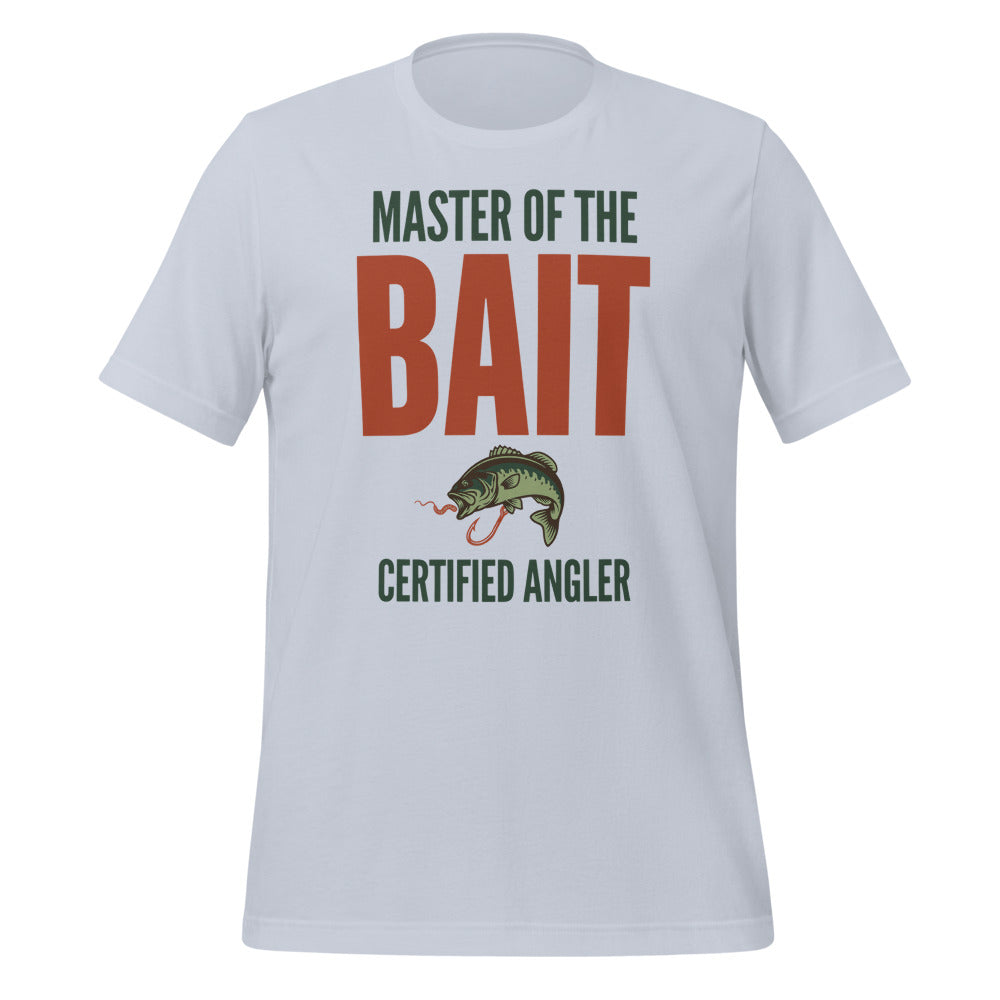 Master of the Bait retro fishing humor typography tee — Light Blue, front
