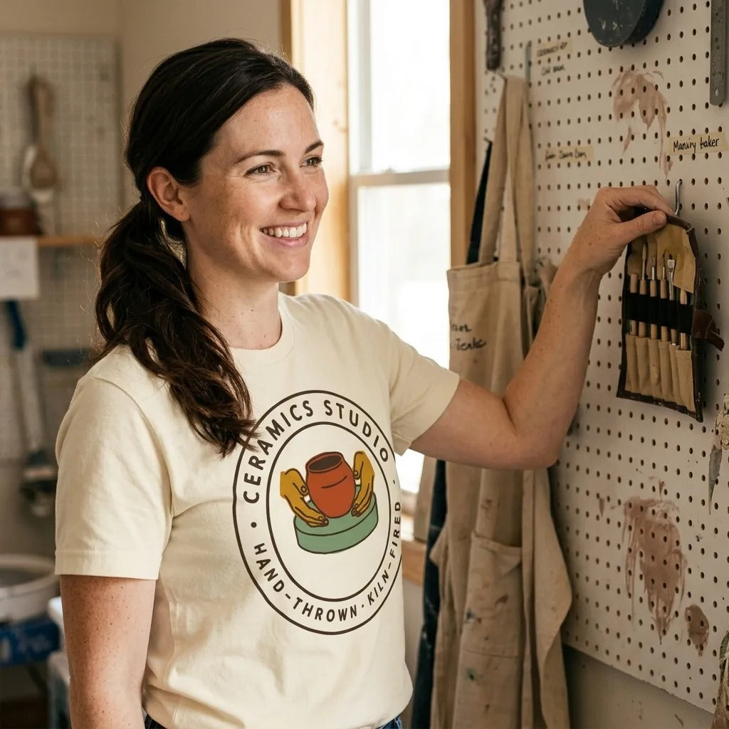 Ceramics Studio Badge hand-thrown pottery t-shirt — lifestyle