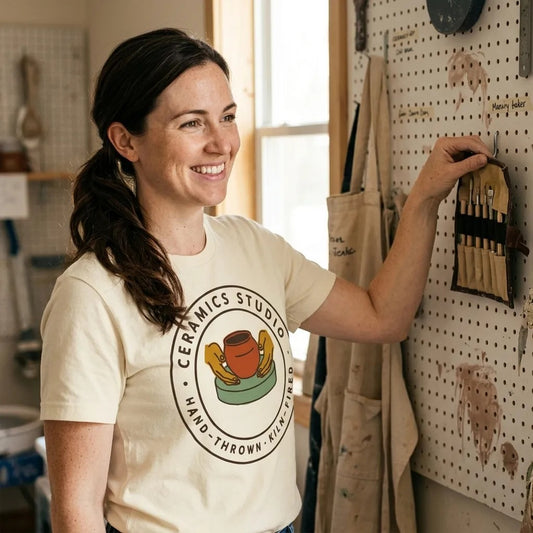 Ceramics Studio Badge hand-thrown pottery t-shirt — lifestyle