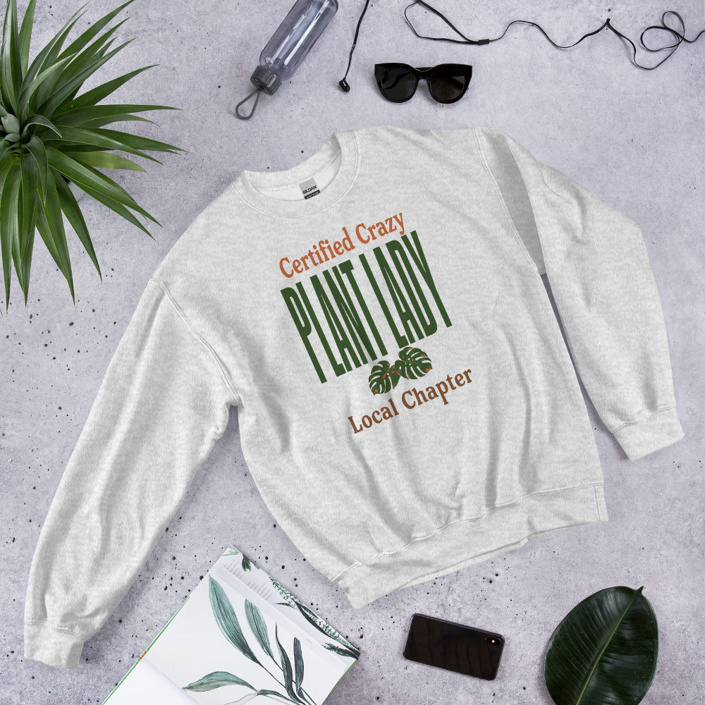Certified Crazy Plant Lady retro botanical crewneck sweatshirt — Ash, flat lay front