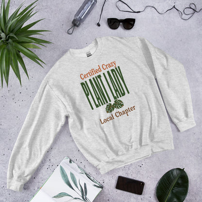 Certified Crazy Plant Lady retro botanical crewneck sweatshirt — Ash, flat lay front