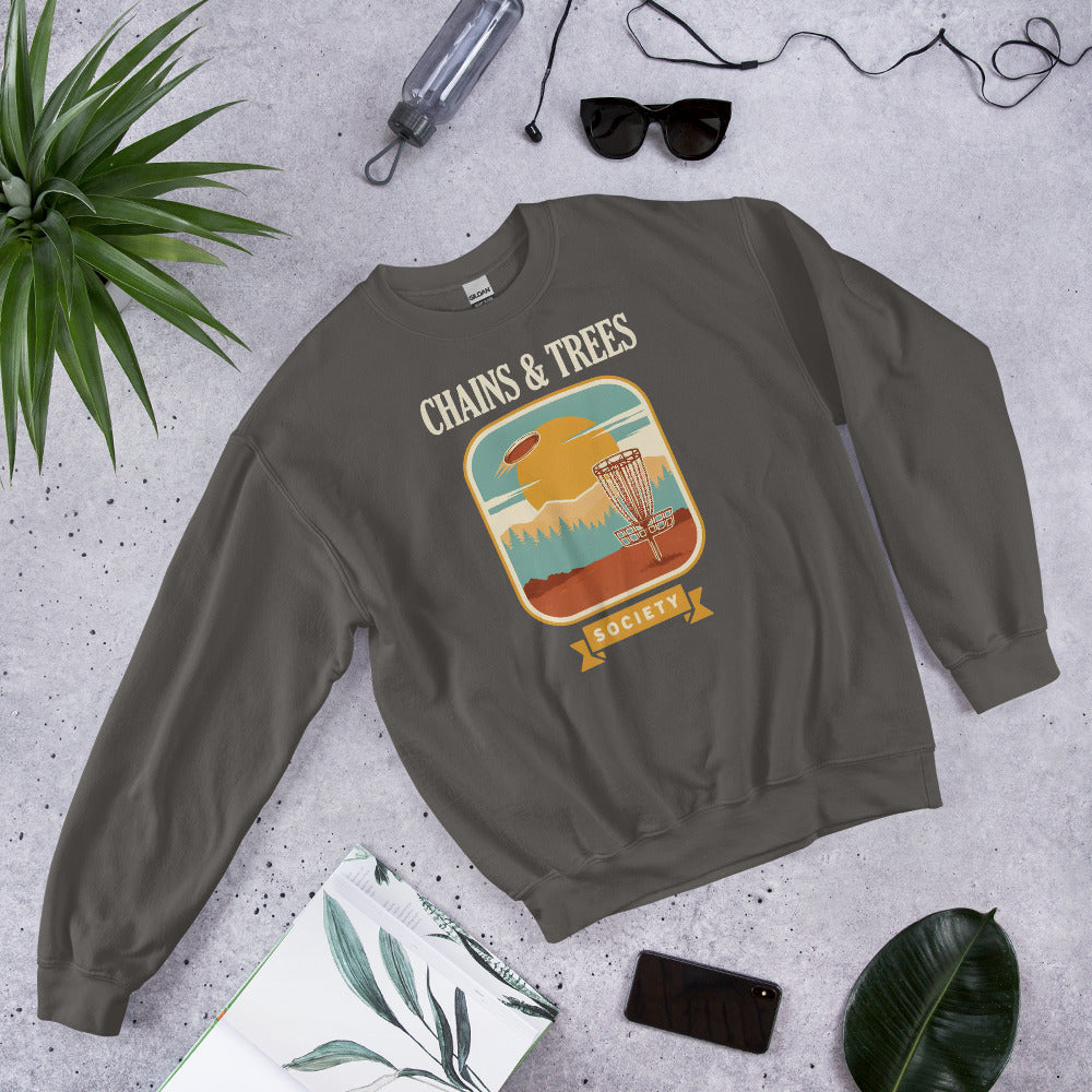Chains & Trees Society disc golf retro landscape crewneck sweatshirt — Charcoal, front-right