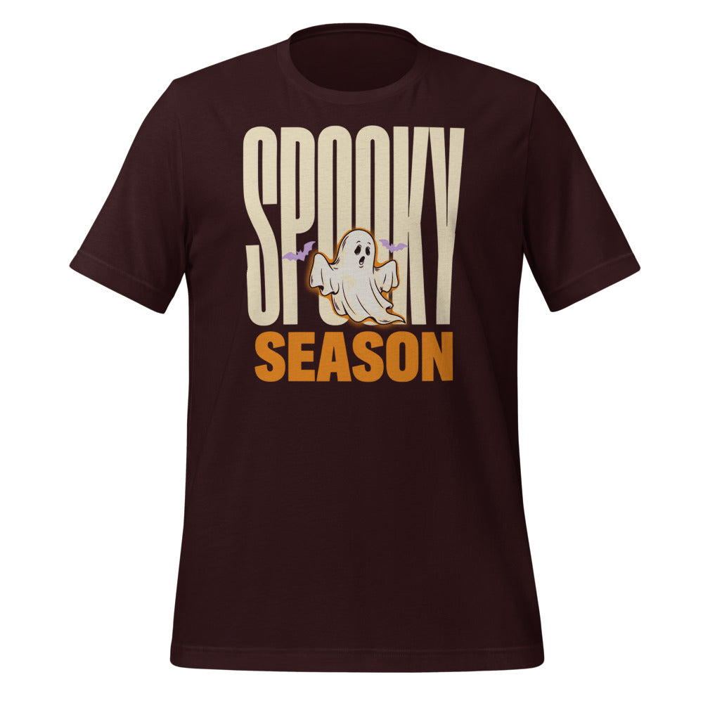 Spooky Season retro Halloween ghost typography tee — Oxblood Black, front