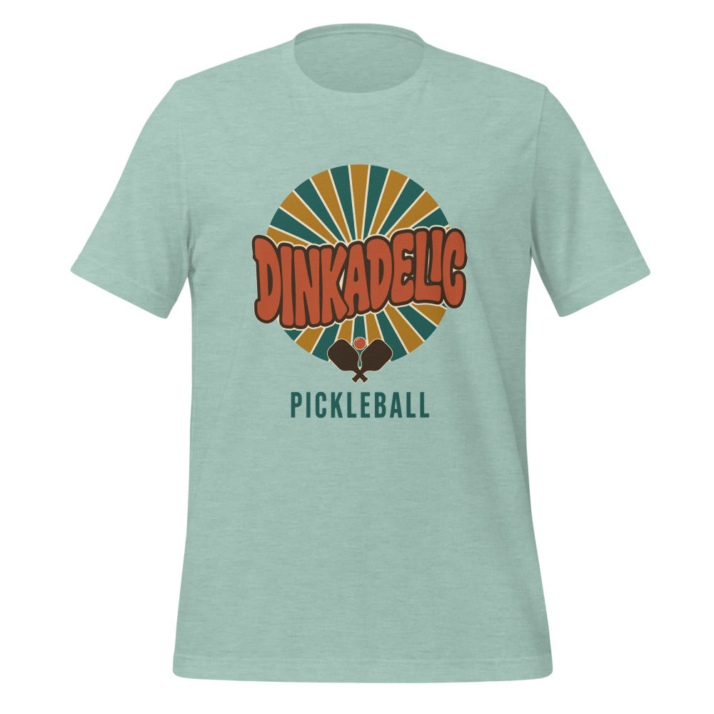 Dinkadelic retro 70s pickleball tee — Heather Prism Dusty Blue, front