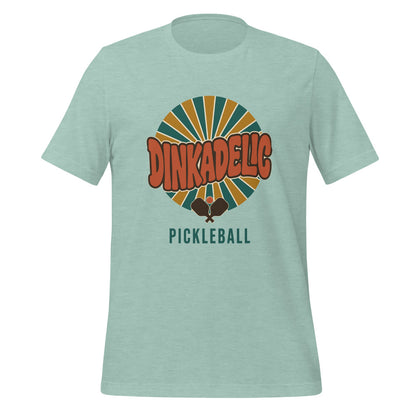 Dinkadelic retro 70s pickleball tee — Heather Prism Dusty Blue, front
