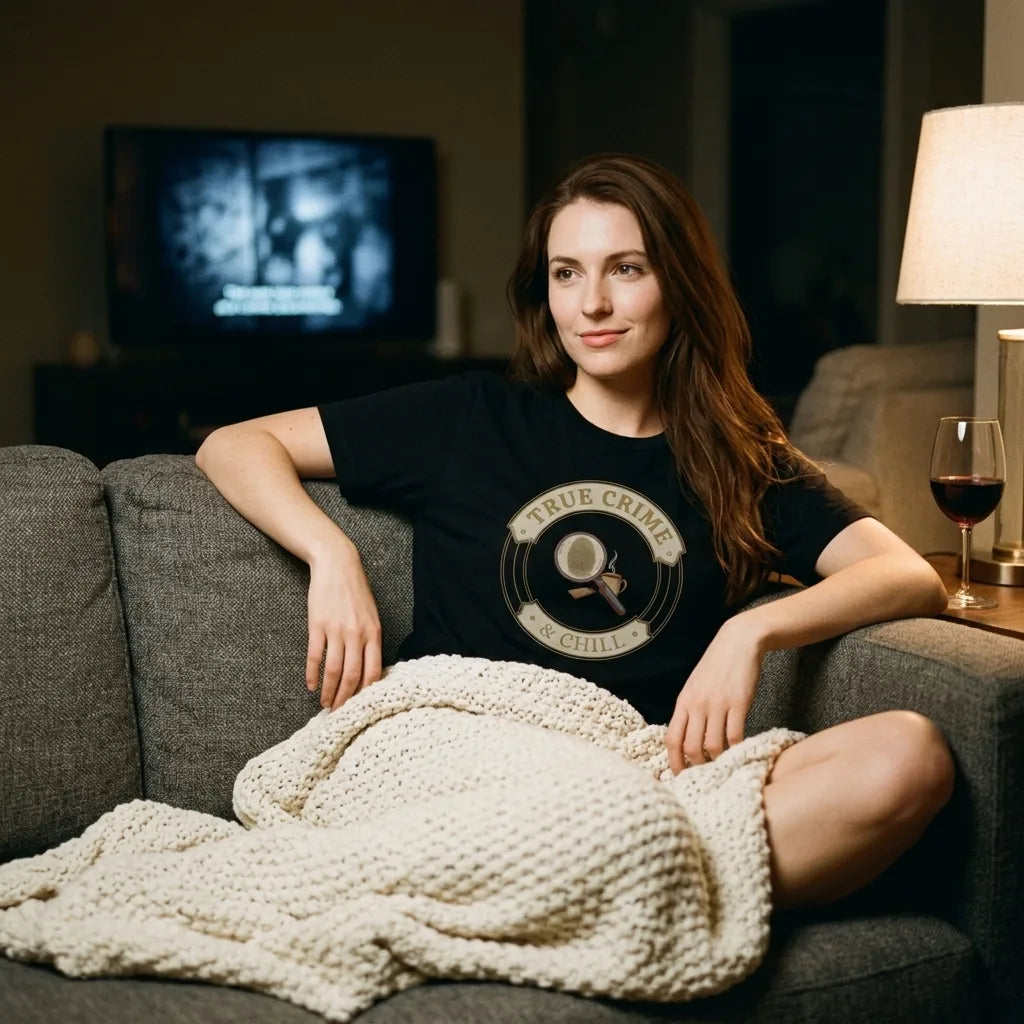 True Crime and Chill true crime fan tee — woman relaxing on a couch with a true-crime documentary and red wine, Black