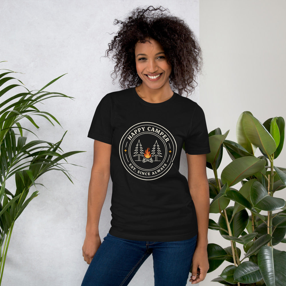 Happy Camper retro camp badge tee — Vintage Black, on model
