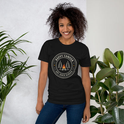 Happy Camper retro camp badge tee — Vintage Black, on model