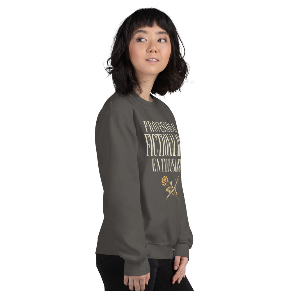 Professional Fictional Man Enthusiast book lover dark academia crewneck sweatshirt — Charcoal, worn by model