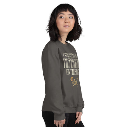 Professional Fictional Man Enthusiast book lover dark academia crewneck sweatshirt — Charcoal, worn by model