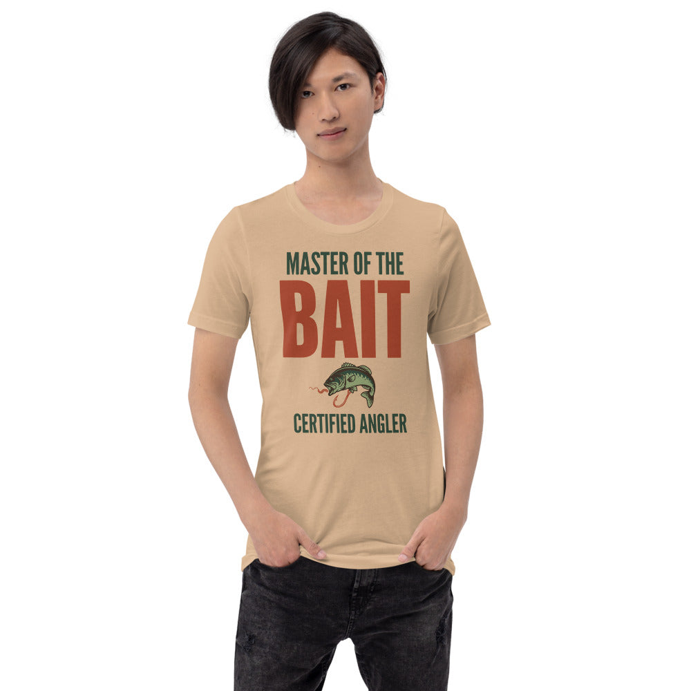 Master of the Bait retro fishing humor typography tee — Tan, on model