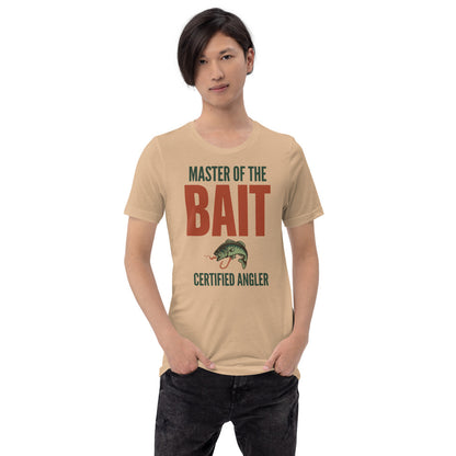 Master of the Bait retro fishing humor typography tee — Tan, on model