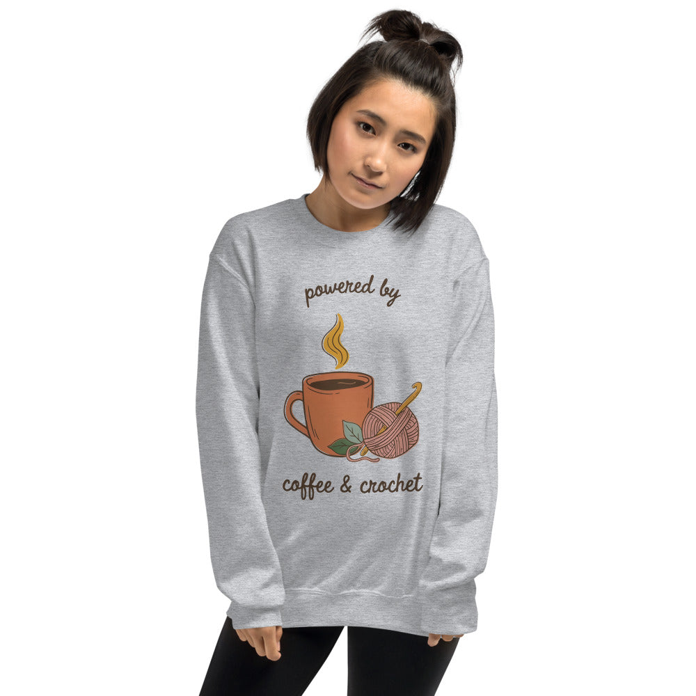 Powered by Coffee and Crochet cottagecore crochet crewneck sweatshirt — Sport Grey, on model
