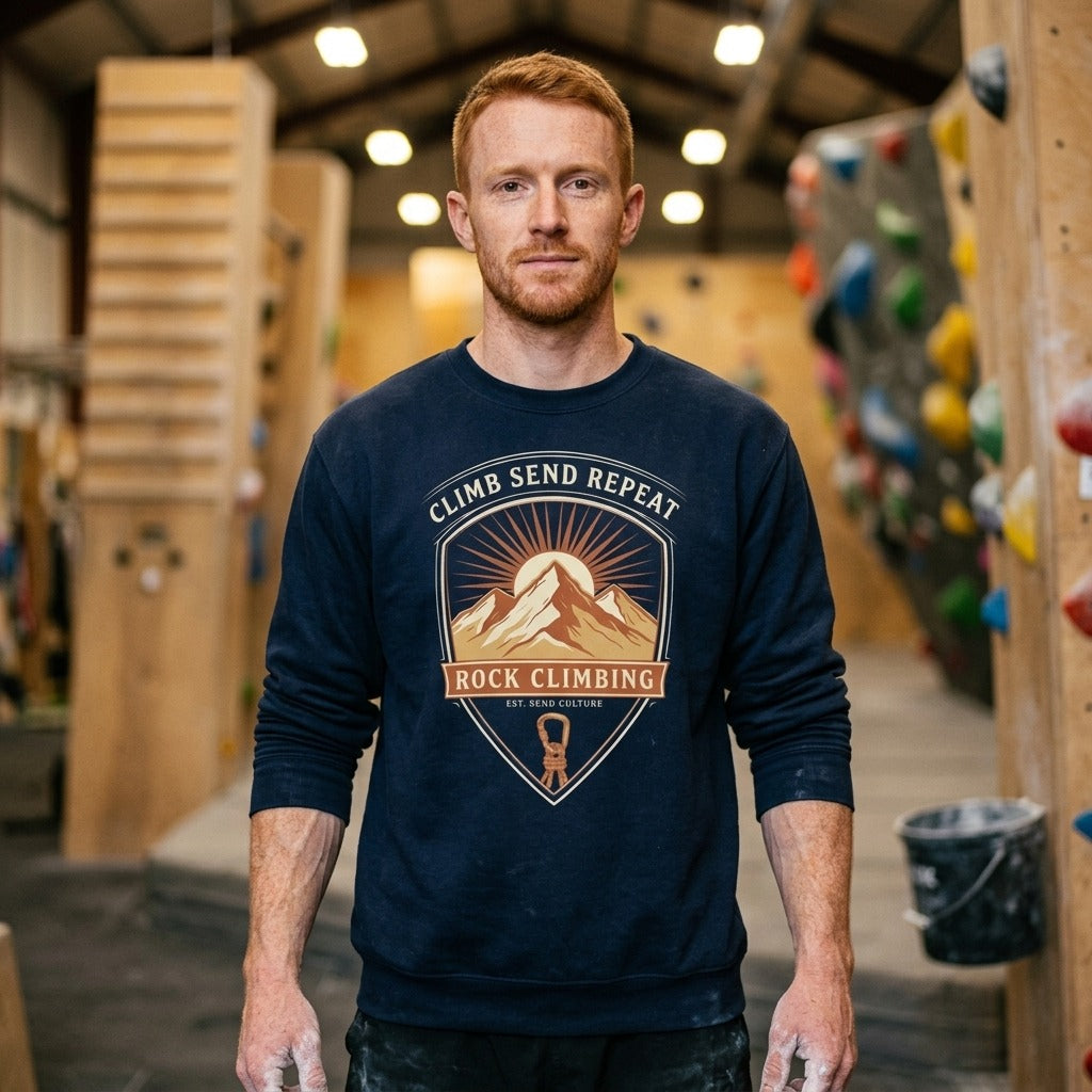 Climb Send Repeat mountaineering crest crewneck sweatshirt — lifestyle