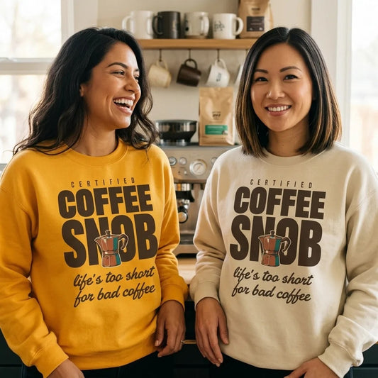 Certified Coffee Snob coffee crewneck sweatshirt — lifestyle