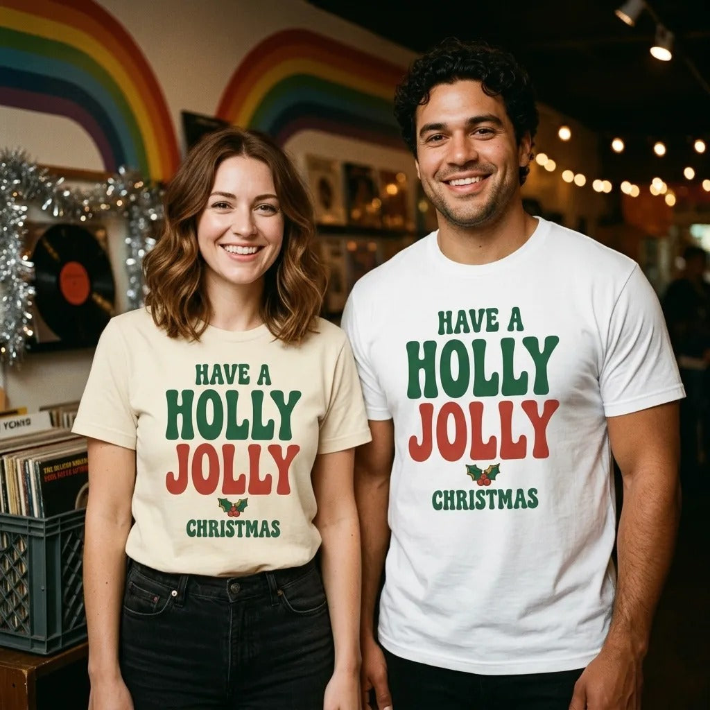 Groovy Holly Jolly retro Christmas tee — lifestyle