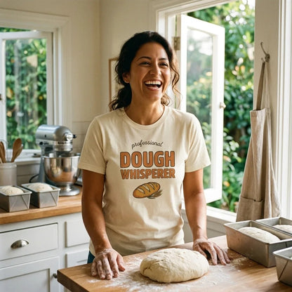 Latina home baker kneading dough wearing Professional Dough Whisperer funny baker tee — Toast