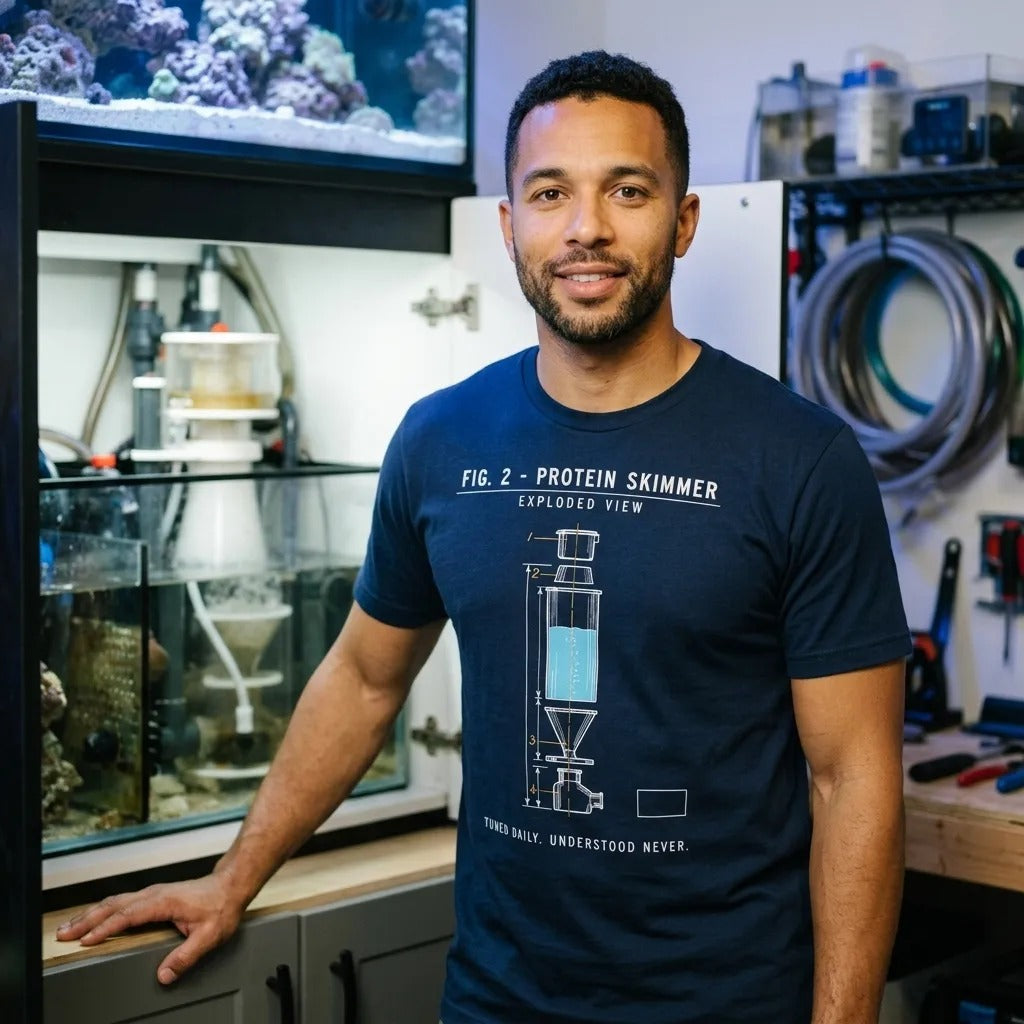 Protein Skimmer Exploded View reef tank saltwater aquarium t-shirt — lifestyle