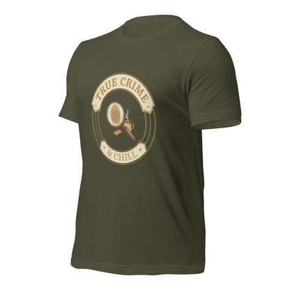 True Crime and Chill vintage case-file badge tee — Military Green, front-right