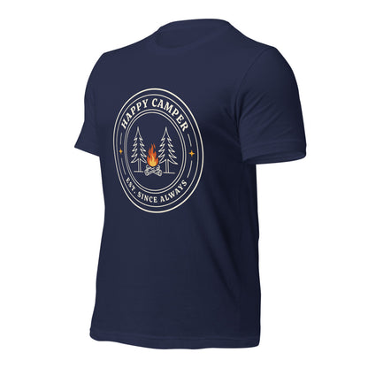 Happy Camper retro camp badge tee — Navy, front right