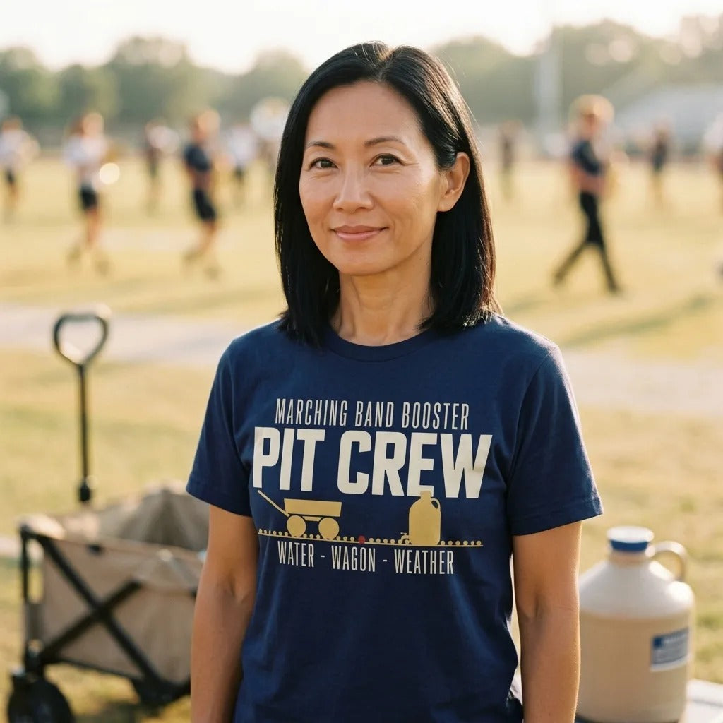 Pit Crew marching band booster t-shirt — lifestyle