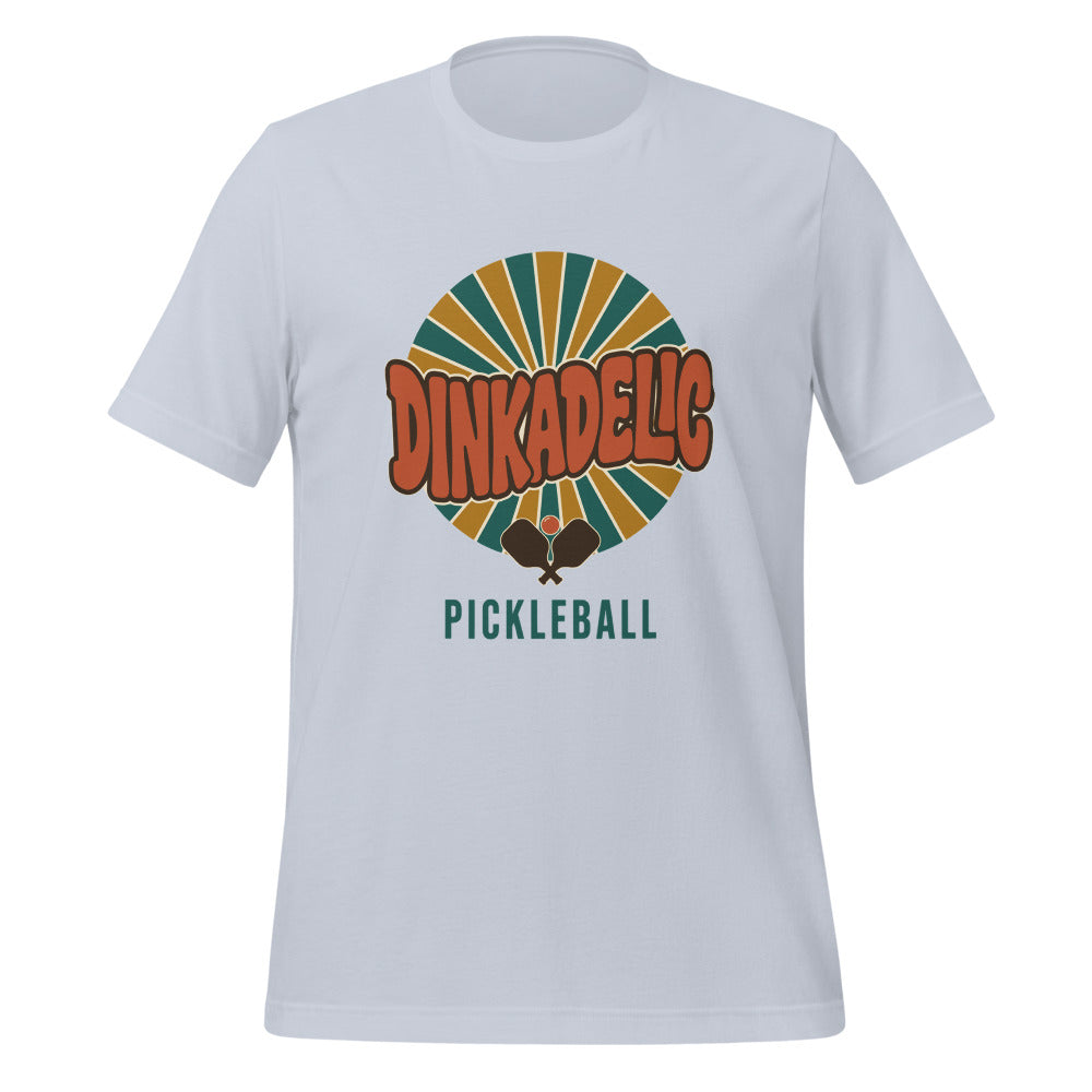 Dinkadelic retro 70s pickleball tee — Light Blue, front