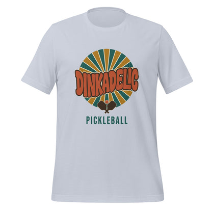 Dinkadelic retro 70s pickleball tee — Light Blue, front