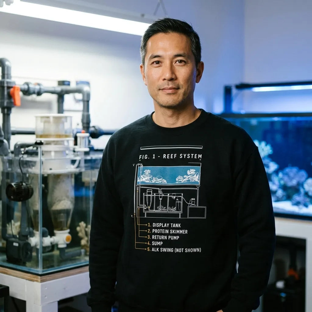 Reef System technical cutaway saltwater aquarium crewneck sweatshirt — lifestyle