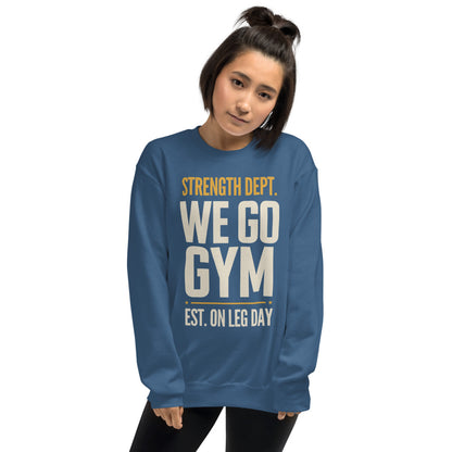 We Go Gym vintage athletic crewneck — Indigo Blue, model